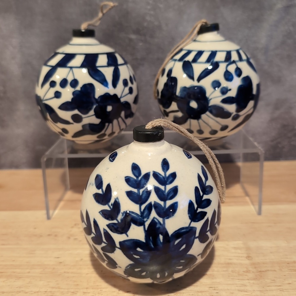 Large White Pottery Ball Ornaments, Hand-Painted Indian Decor, Set of 3